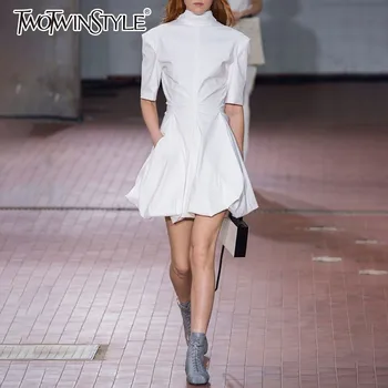 

TWOTWINSTYLE Elegant Dress Female Turtleneck Half Sleeve High Waist Lace Up Mini Bud Dresses Women Korean Fashion 2020 Spring