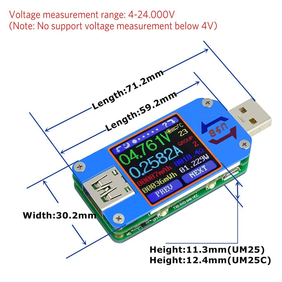 USB тестер UM25/UM25C 2 0 измеритель тока Type C мощности кабель цветной ЖК