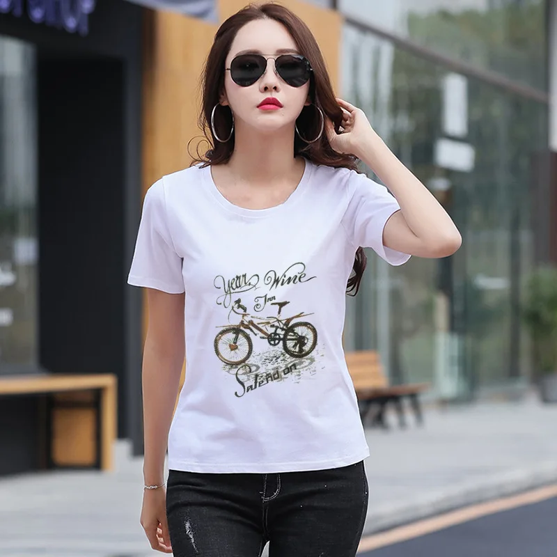 

Round neck printing white short-sleeved sleek minimalist T-shirt female 2019 summer slim stretch bottoming female T-shirt top