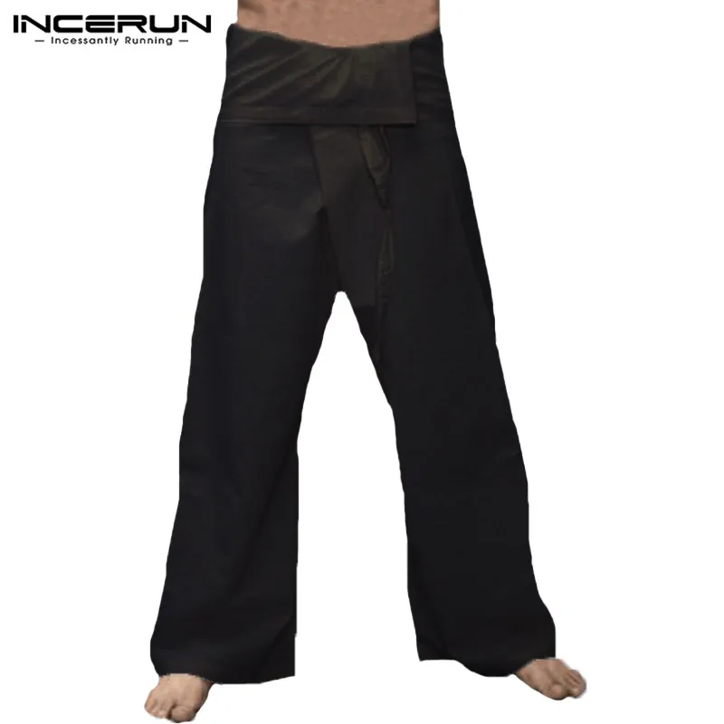

INCERUN Men Thai Fisherman Pants Joggers Wide Leg Cotton Lace Up Men Casual Pants 2019 Solid Retro Baggy Trousers Men Plus Size