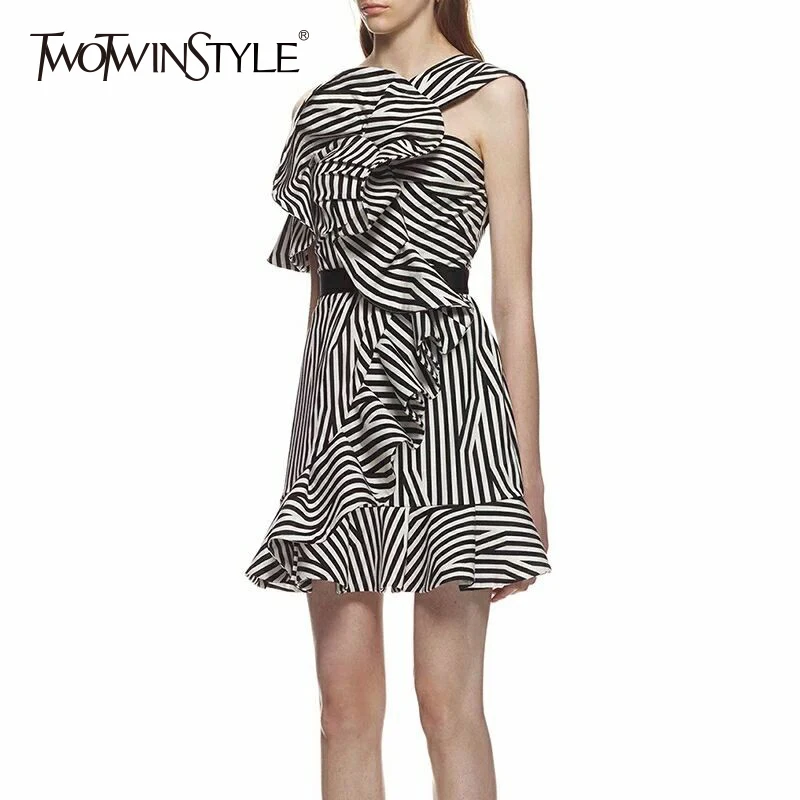 

TWOTWINSTYLE Striped Dress Women Off Shoulder Irregular Ruffles Patchwork A Line Sexy Mini Dresses Female Summer Fashion Clothes