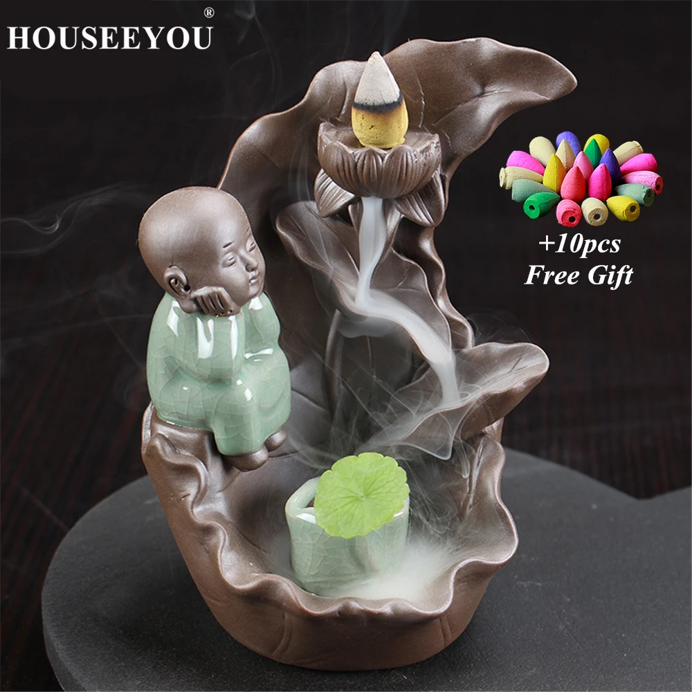 

The Meditation Little Monk Backflow Incense Burner Ice Crack Glaze Ceramic Waterfall Stick Incense Holder Aromatherapy Censer