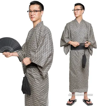 

Traditional Japan Male Cotton Kimono with Obi shoes handbag fan Summer Pajamas robes Mens Dressing Gown Male Lounge Robes H9059