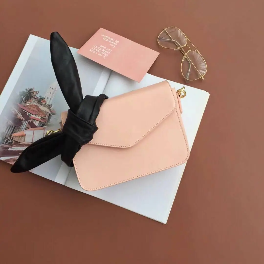 

Envelope Type Pure Color Flip Side Small Square Shoulder Bag Bow Knot Single Shoulder Slanting Leather Cowhide White Handbag