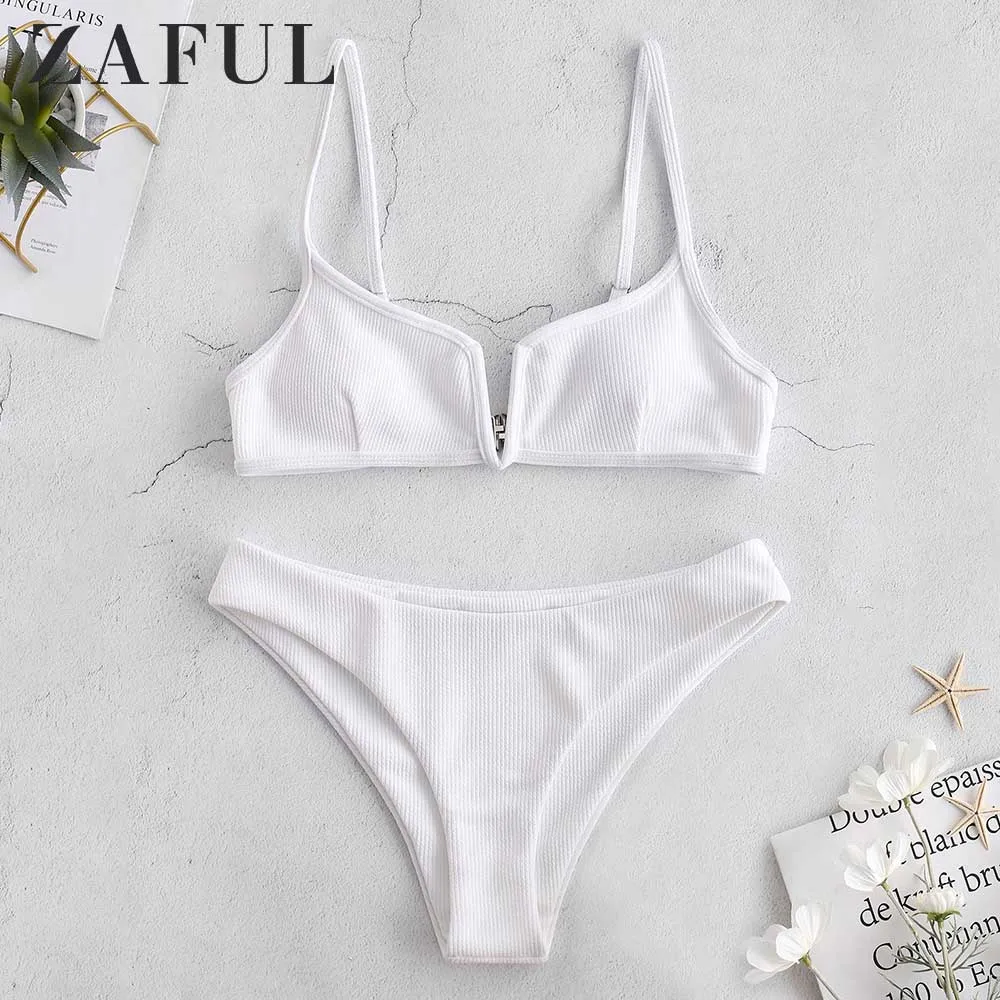 

ZAFUL Ribbed V Cut Bikini Set Spaghetti Straps Solid Summer Chic Swim Suit Wire Free Bathing Suit For Women Two Pieces Sets 2019