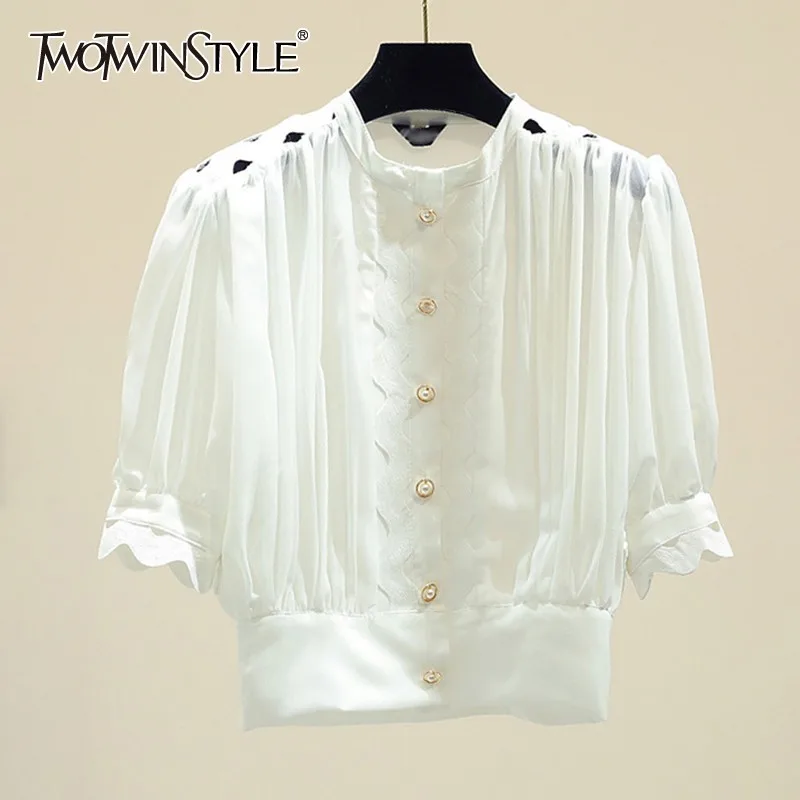 

TWOTWINSTYLE Sexy Solid Hollow Out Blouse For Women O Neck Puff Sleeve Button Slim Shirt Crop Tops Female 2019 Summer Fashion