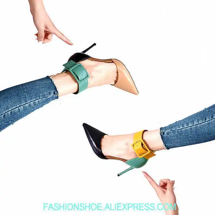 

Autumn Elegant Style Women Pointy Toe Pumps Fashion Mixed Colors Smooth Leather Ladies Thicken Buckle High Heels Party Stiletto