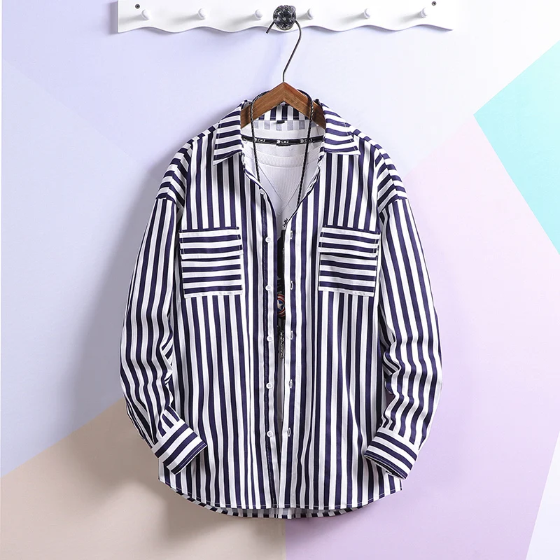 

Cotton Male Stripe Shirt 2019 Spring Thin Fashion New Pattern Long Sleeve Leisure Loose Coat streetwear Best Blue Black Red