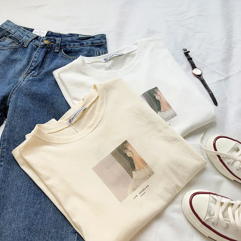 

Square Character Print Women Beige T Shirt Short Sleeve Harajuku White T-Shirt Tops