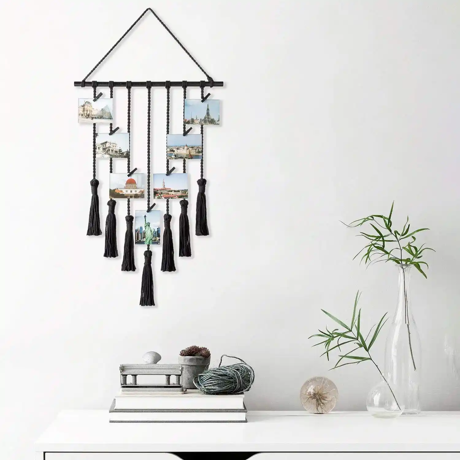 Black Seamersey Photo Hanging Display Frames Macrame Wall Hanging Pictures Organizer Home And Wall Decor With 25 Wood Clips Home Kitchen Sculptural Frames Holders