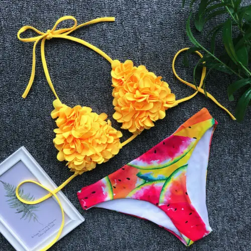 

2019 New Flower Bikinis Set Combinatorial Set Sexy Women Swimwear Push Up Padded Neon Bandage Swimsuits Hot Selling Bathing Suit