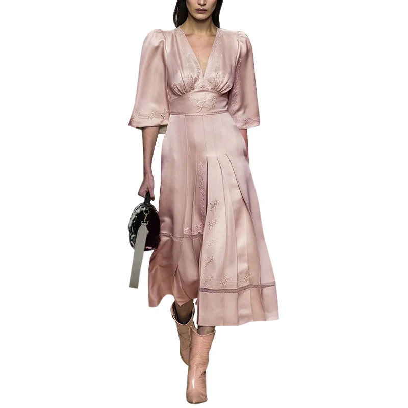 

woman clothes elegant v neck high waist slit flared half sleeve pleated a line midi women's dress white lace insert pink dress