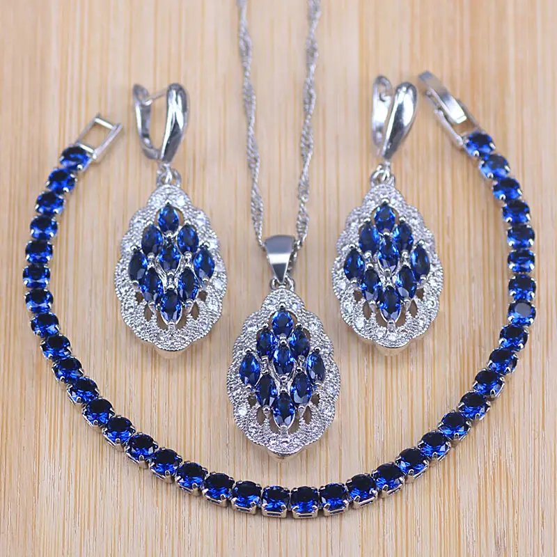 Синий Циркон, свадебные Серебряные Ювелирные наборы 925, женский кулон в виде листа и ожерелье, серьги с браслеты из натуральных камней, Ювелирная Подарочная коробка