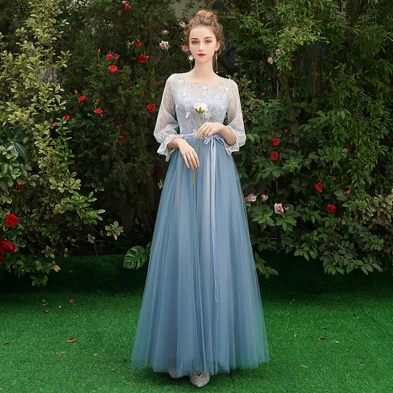 

Lace Slim Slender, Haute Couture Noble Party Birthday Dress Elegant Sommerkleid Temperament Dames Jurken Blue Long Dress A245