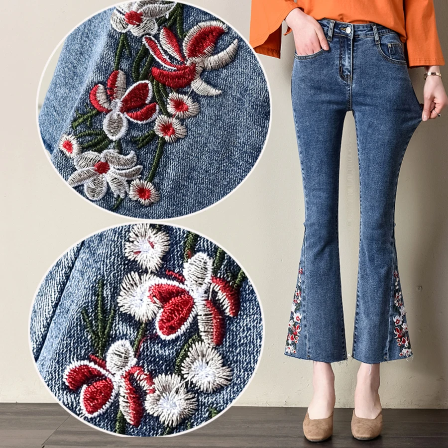 

Spring Summer Women Casual Loose High Waist Floral Embroidery Jeans Ankle-Length Trousers Vintage Flare Denim Pant