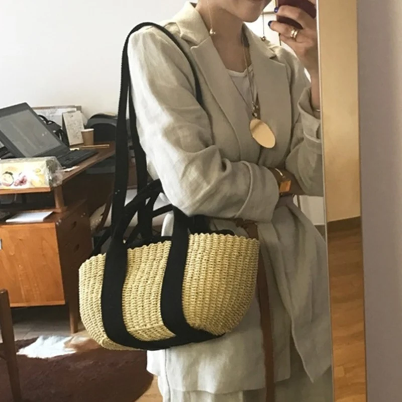 

[Super Seabob] 2019 Spring Summer Woman New Personality Stylish Solid Color Four Straps Large Capacity Straw Handbag LM050