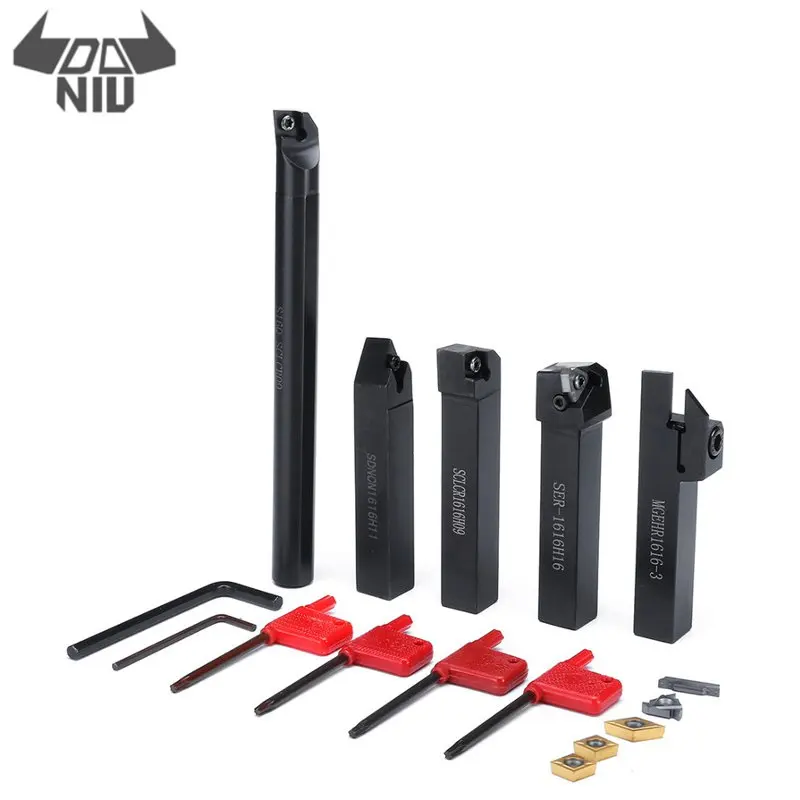 

DANIU Hard Aolly 5Pcs/set 16mm Shank Lathe Turning Tool Holder Boring Bar CNC Tools Set with Carbide Inserts and Wrenches