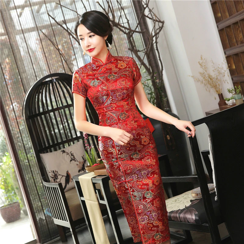 Атласное китайское платье Qipao в восточном стиле длинное модное красное китайском