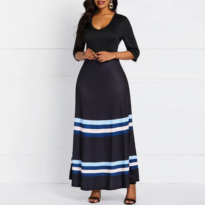 

Casual Long Dress Women Spring 2019 Stripe Stylish Elastic Slim Simple Elegant Robe Black A Line Big Swing Maxi Dresses Female