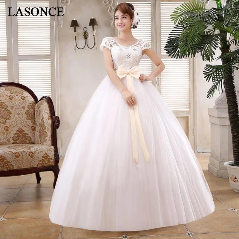 

LASONCE Crystal V Neck Bow Sash Ball Gown Wedding Dresses Lace Appliques Short Cap Sleeve Backless Bridal Gowns