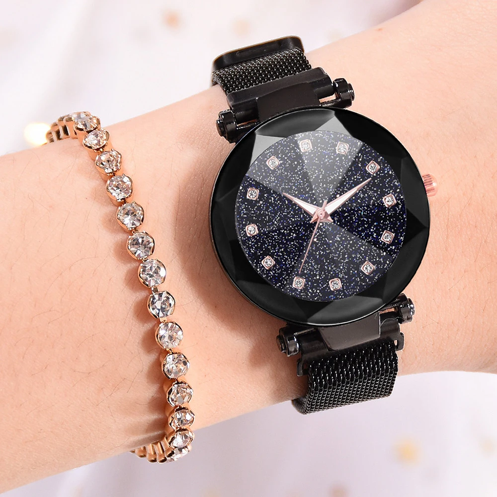

2019 Women Mesh Magnet Buckle Starry Sky Watch Casual Luxury Women Geometric Surface Quartz Watches
