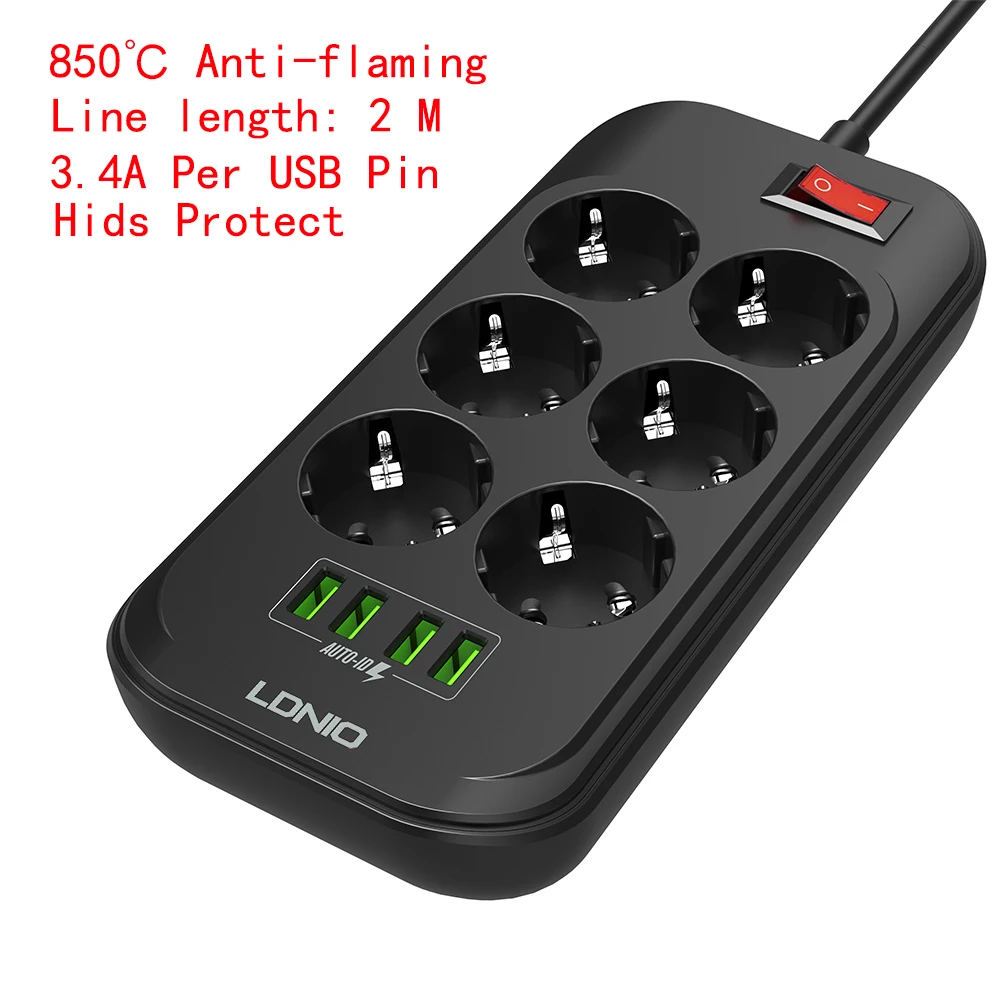Tomada de Parede Cabo de Carga Tomada de Mesa Plug Cabo Extensão Preto 6 ac Tomada 4usb Carregador Adaptador 3.4a Forphone 2 m Usb ue