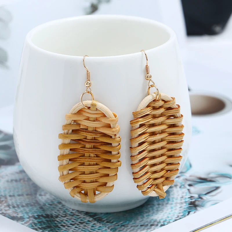 

Bohemian Women Wood Bamboo Weaving Rattan Drop Earring Jewelry Shellhard Creative Gold Color Metal Dangle Earring femme bijoux