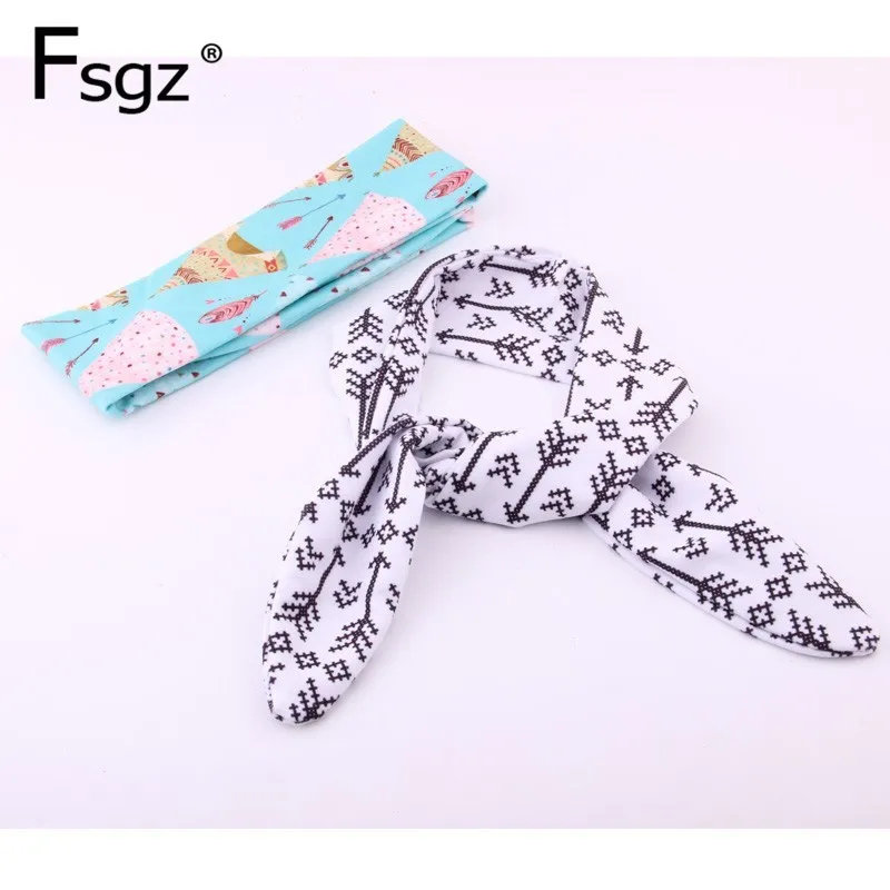 

2 PIECES Rabbit Ears Bow Knot Printed Headband For Baby Spandex Cotton Fabrics Geometric Arrows Pattern Hairbands Accessories