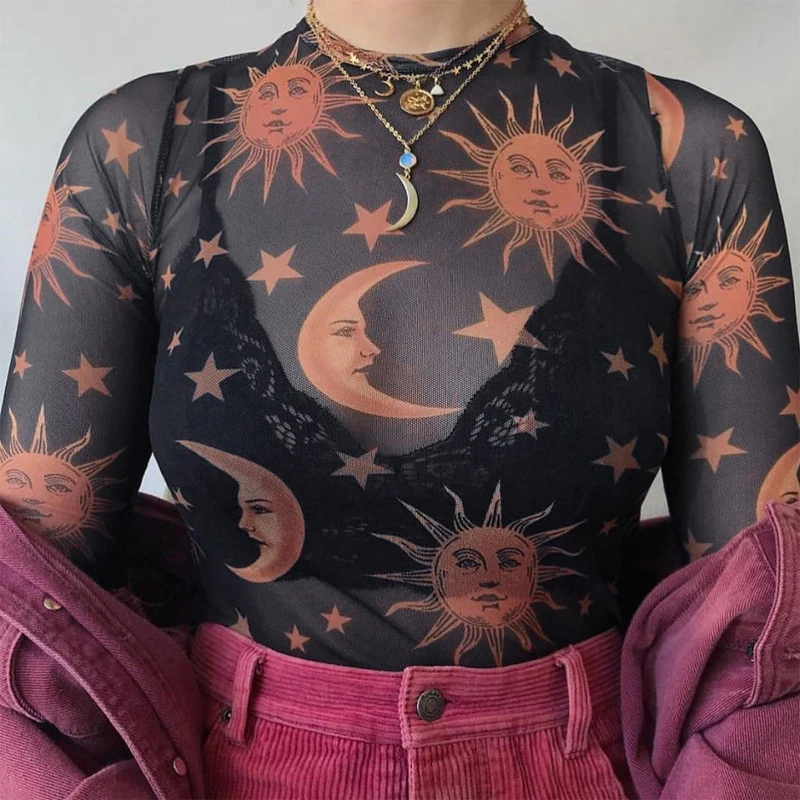 2019 Spring New Transparent Mesh Sexy T-Shirt Women Sun Moon Printed
O-Neck Long Sleeve Slim Basic Casual Female Spring Tops