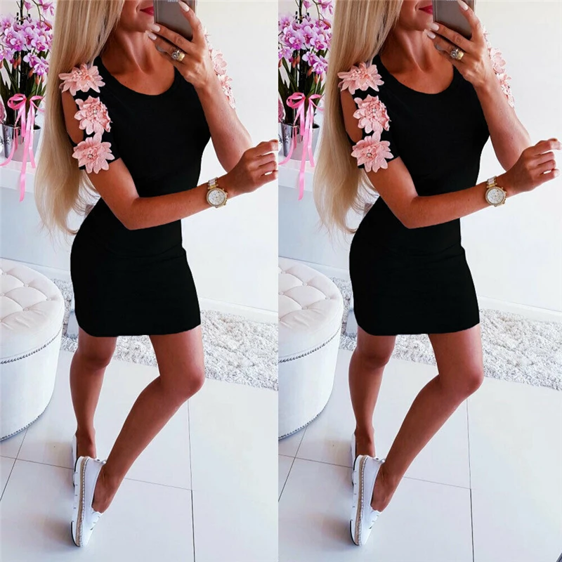 

Hollow Out Sexy Women Slim Bandage Summer Mini Dress Floral Short Sleeve Sexy Women Clubwear Short Mini Dress