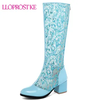 

Lloprost ke Summer 2019 Blue White Glitter Bling Lace Mesh Knee High Riding Boots Sandal High Block Heels Womens Shoes H301