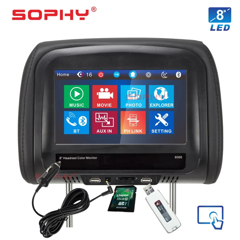 Tanie Nowy! 8 cali Monitor montowany za zagłówkiem samochodu MP4 MP5 odtwarzacz wideo poduszka Monitor z IR FM telefon z ekranem dotykowym ładowanie SH8068 P5