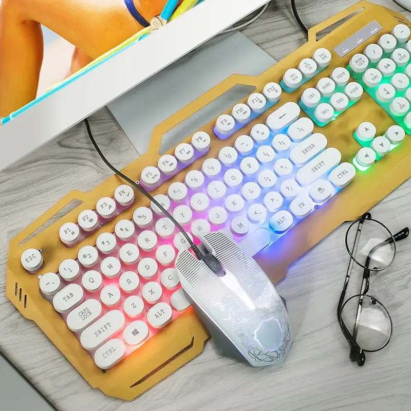 

Mechanical Keyboard and Mouse Kit Backlit Retro Round Keycap Wired Computer Game Keyboard for Laptop PC