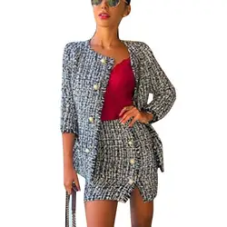 Женская 2 шт. Bodycon из двух частей твидовый пиджак и юбка комплект Бандажное платье для вечеринок