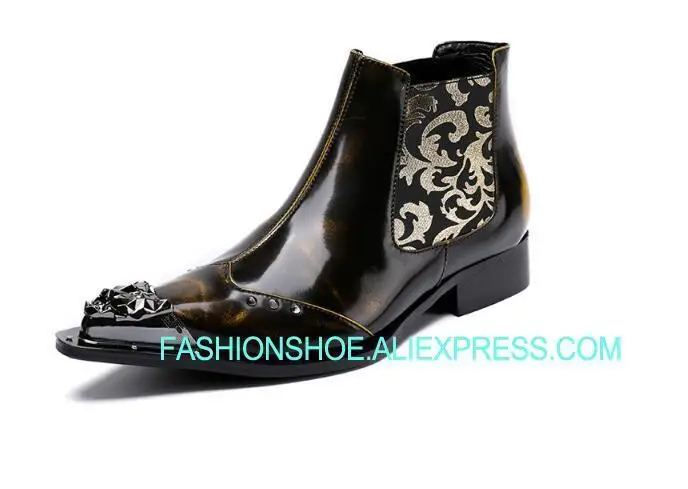 

New Winter Boots Pointed toe Genuine leather Embroidery Mens Booties Ankle Shoes