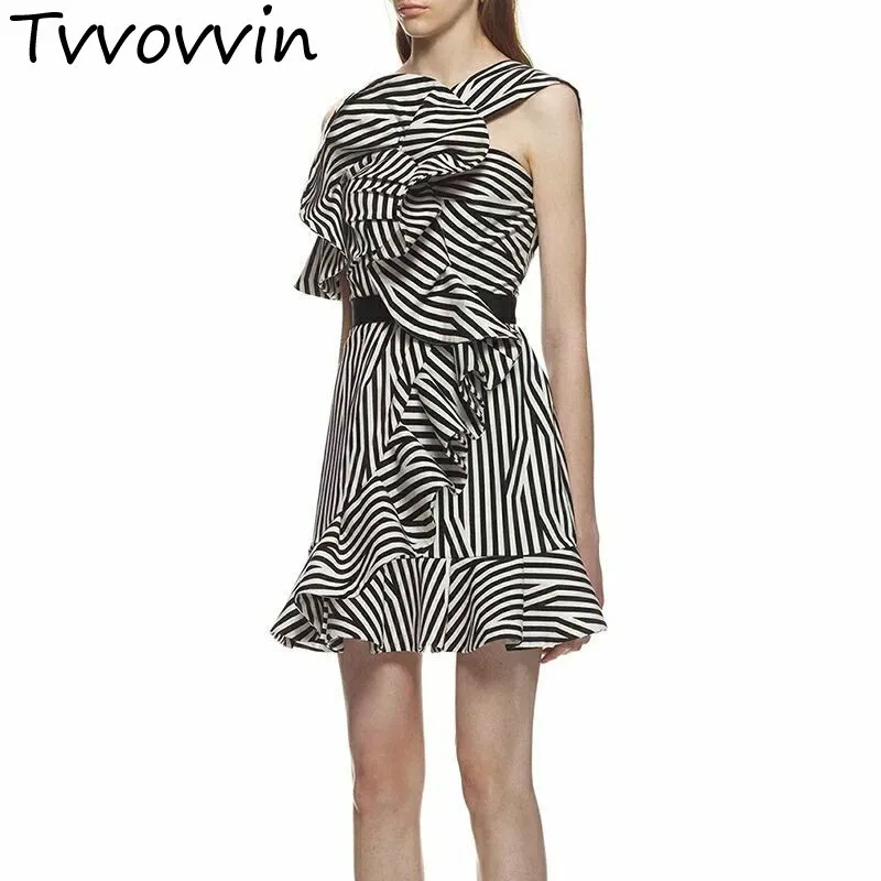

TVVOVVIN Striped Dress Womens Off Shoulder Irregular Ruffles Patchwork High Waist A Line Mini Dresses Summer Clothes E060