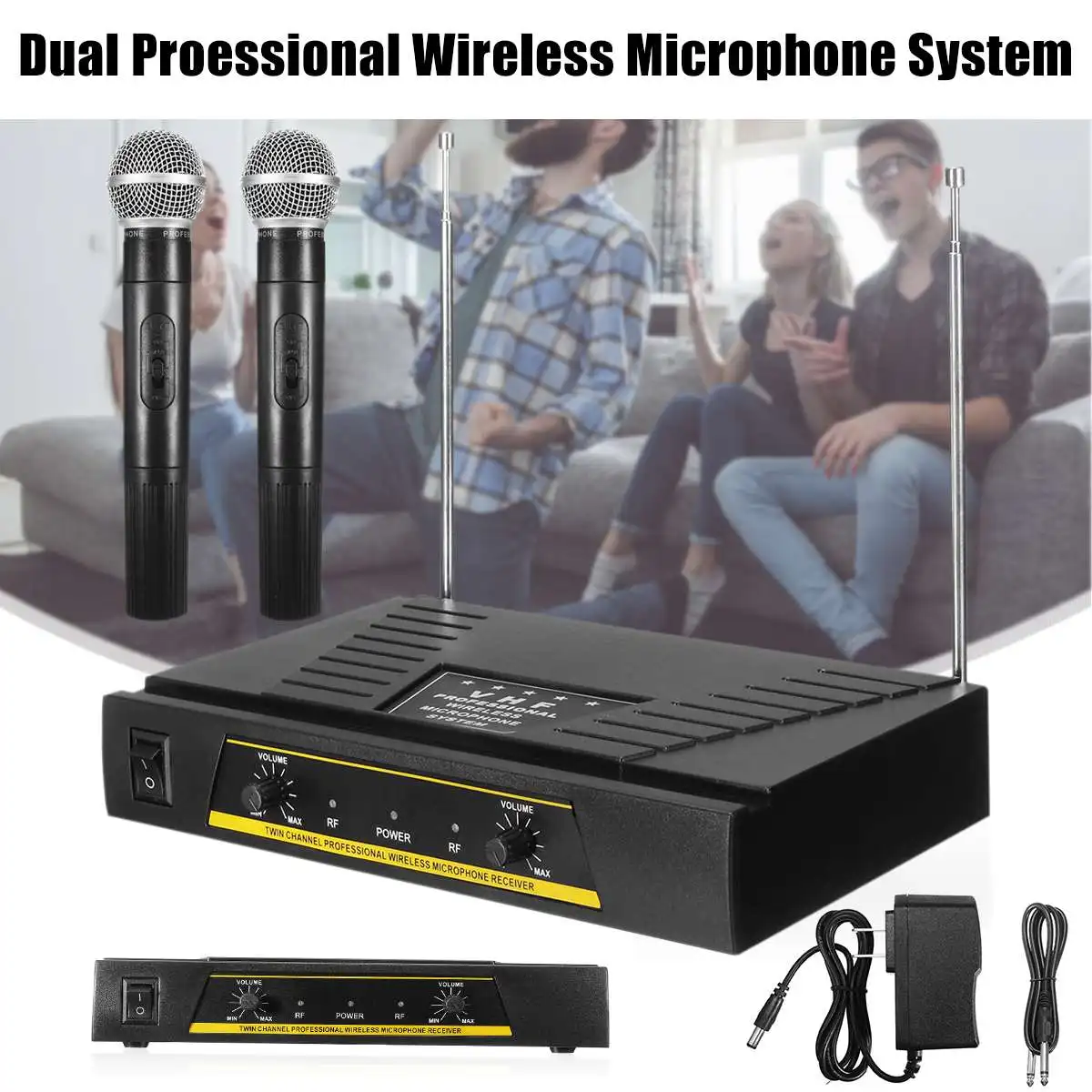 

Dual Handheld VHF Wireless Microphones Dynamic+ Receiver System For Karaoke KTV Party Speech Performances Conference