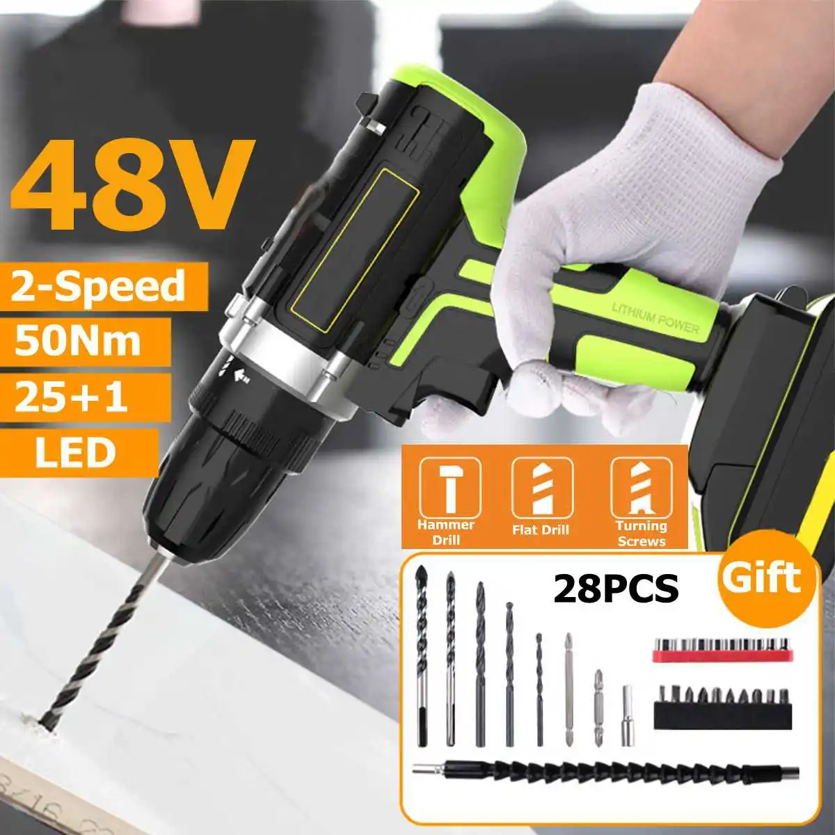 

Professional 48V Cordless drill Daul-Speed Adjustment LED lighting Large capacity battery 50Nm 25+1 torque 28pcs Accessories