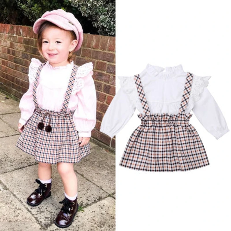 

2019 NEW Fashion Newborn Toddler Kids ClothinG Set Baby Girls Lace Tops Romper Plaid Skirt Party 2Pcs Outfit Clothes 6M-5T