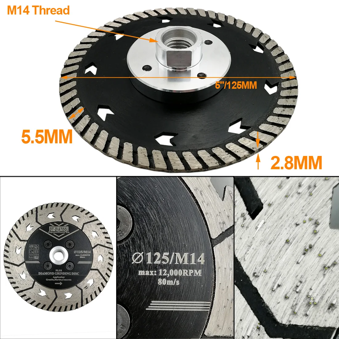 DT-DIATOOL 1pc 5inch/125mm Diamond Cutting Disc Grindng Saw Blades with M14 Thread for Grinding Granite Marble Concrete wheel DT-DIATOOL 1pc 5inch/125mm Diamond Cutting Disc Grindng Saw Blades with M14 Thread for Grinding Granite Marble Concrete wheel