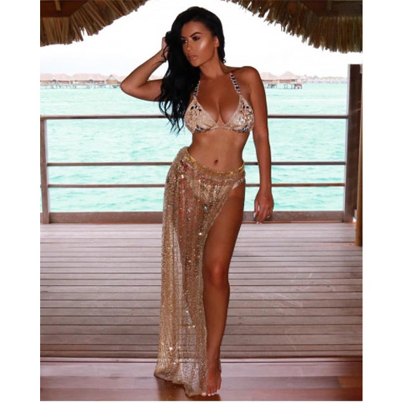 New Women's Bathing Suit Lace Up Crochet Bikini Cover Up Swimwear Summer Beach Sequined Skirt