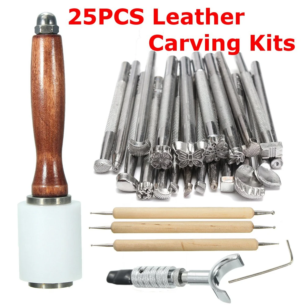 

25Pcs Manual Leather Craft Stamping Carved Wooden Hammer Embossing Tools Kit Set