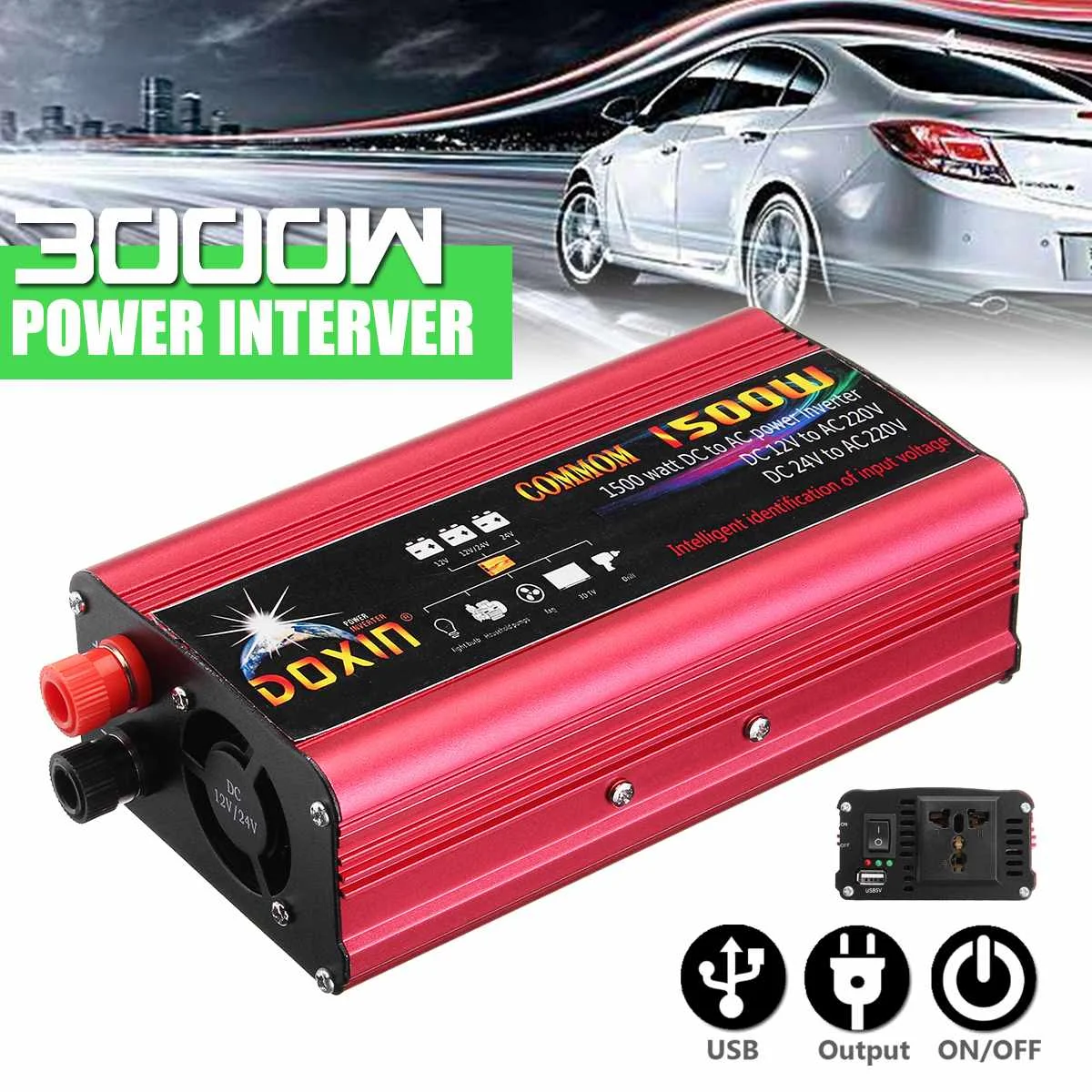 

DOXIN Home Power Inverter Converter 3000W 220V Car Inverter Charger Adapter DC 12V/24V To AC USB Plug Port Modified Sine Wave