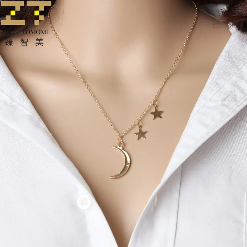 

2019 New Hottest Fashion Bijoux Simple Gold Color Pentagram Star Moon Pendants Maxi Statement Chokers Necklaces Women Jewelry