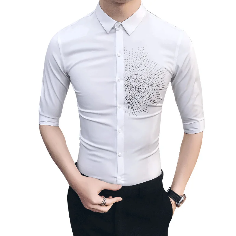 

2019 Hot Drilling Men Shirt Short Sleeve Shirt Casual Slim Fit Tuxedo Shirts Male Night Club Shirt Streetwear Camisa Masculina