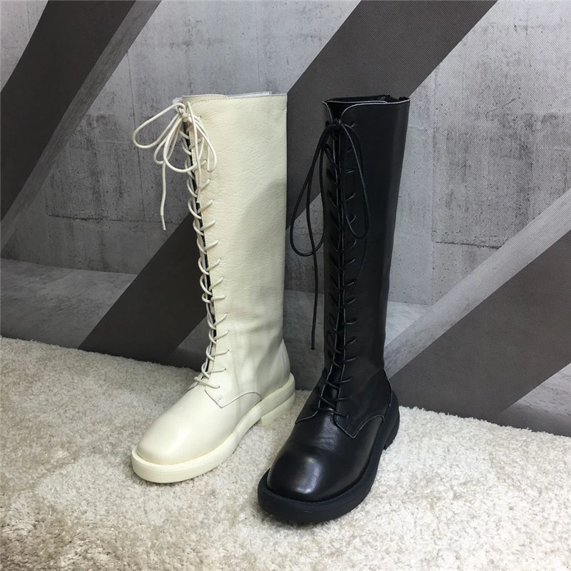 

botas mujer Leather Shoes Woman Knee-high Knight boots Duck mouth Round Toes Flats Zip Punk Woman Boots zapatos de mujer