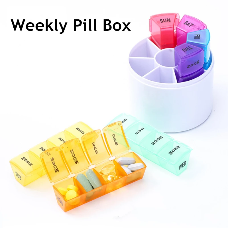

7pcs Pill Box Portable Weekly Covered Colorful Partitioned Dispensing Pill Box Organiser Set for traveling Outdoors Work