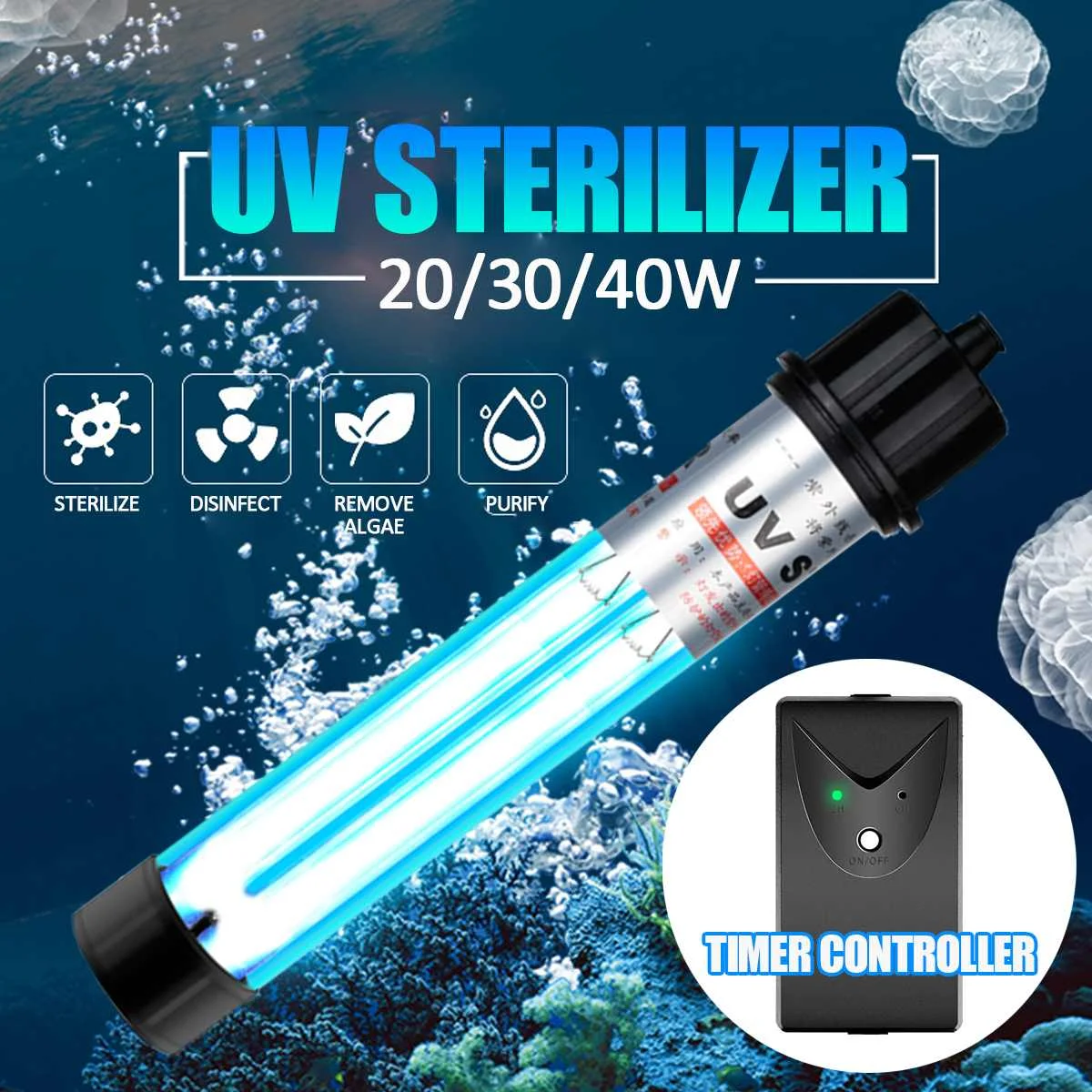 Billig 20W 30W 40W Doppel Rohr UV Entkeimungslampe Tauchen Typ Uv Aquarium Sterilisieren Lampe Algen Remova Timer controller