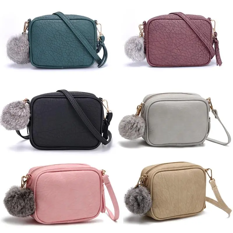 Casual Women Mini Crossbody Bag Embossed PU Leather Small Messenger Shoulder Bag With Pompom Female Tote Sac