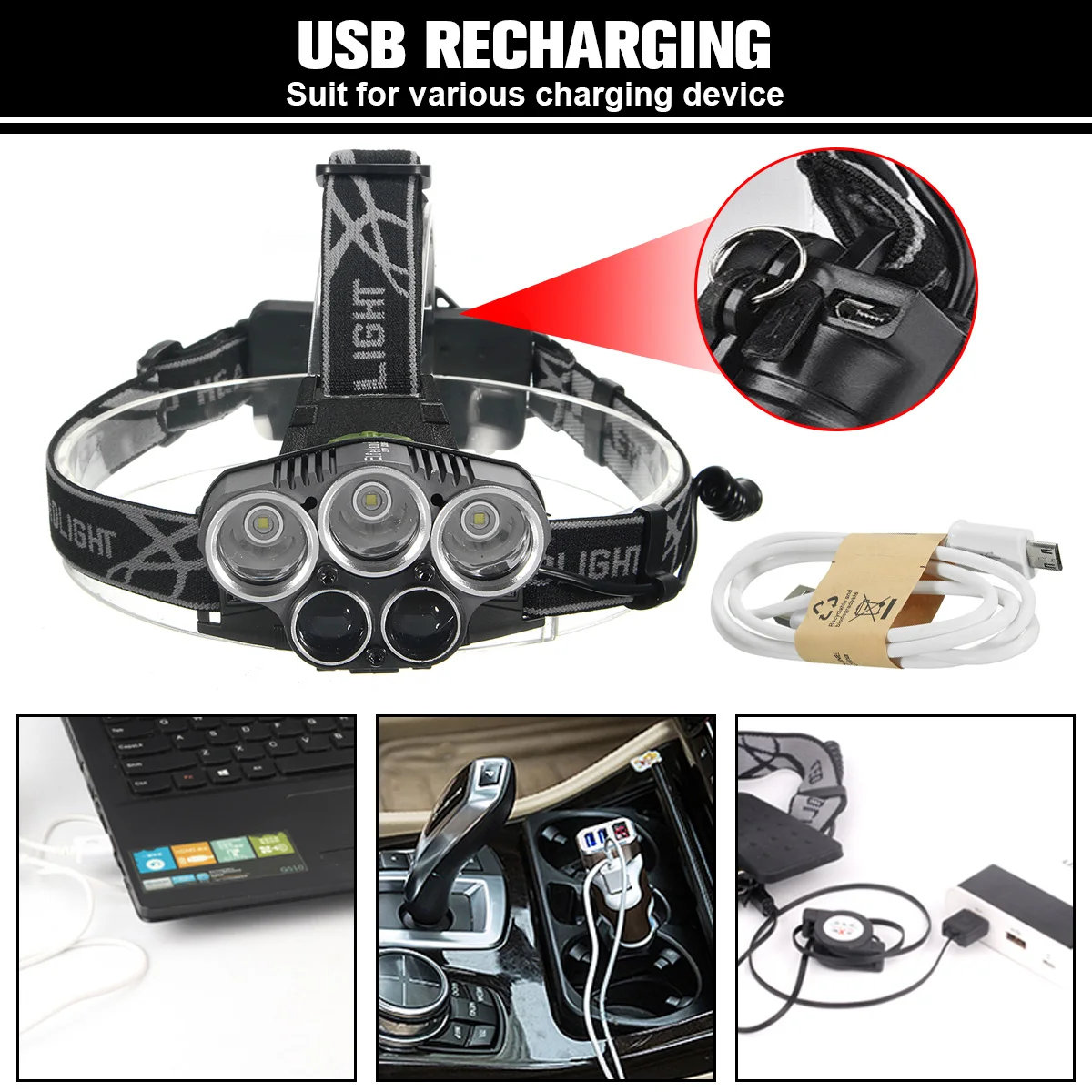 USB перезаряжаемая фара 50000lm 3 * T6 + 2 Q5 светодиодный головной фонарь для рыбалки свет
